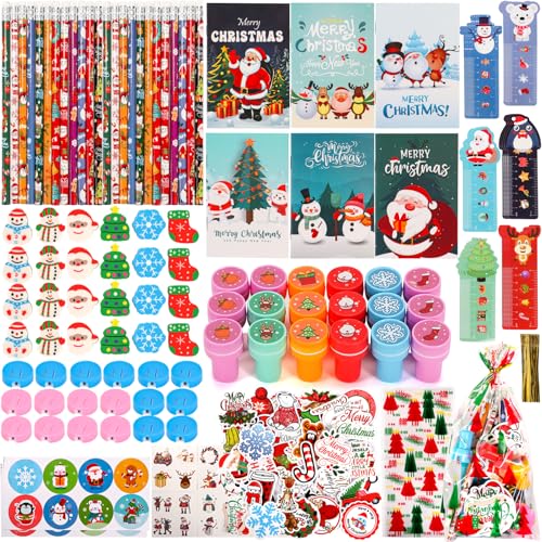 Atonofun 242 Pcs Christmas Party Favors Christmas School Stationery Set Xmas Classrooms Reward Prizes for Kids Notebooks Stickers Stamps Rulers Pencils Sharpener Erasers for Goodie Bag Fillers - Image 1