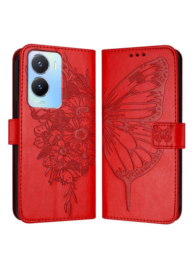 erorex - For vivo Y56 5G/Y16 4G/Y02s 4G Global Embossed Butterfly Leather Phone Case(Red) - Image 1