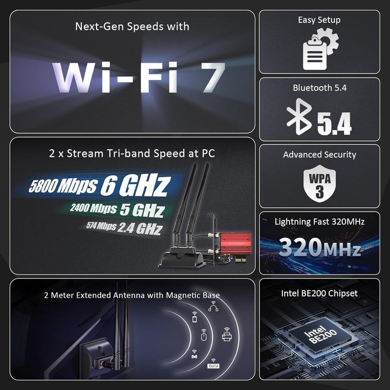 جلوتريندز بطاقة GLOTRENDS WiFi 7 PCIe مع هوائي تمديد بطول 2 متر لأجهزة الكمبيوتر المكتبية، متوافقة مع معالج Intel BE200NGW، وتعمل فقط مع نسخة ويندوز 11 24H2 أو أعلى (لا تدعم اللوحات الأم من شركة AMD). - Image 3