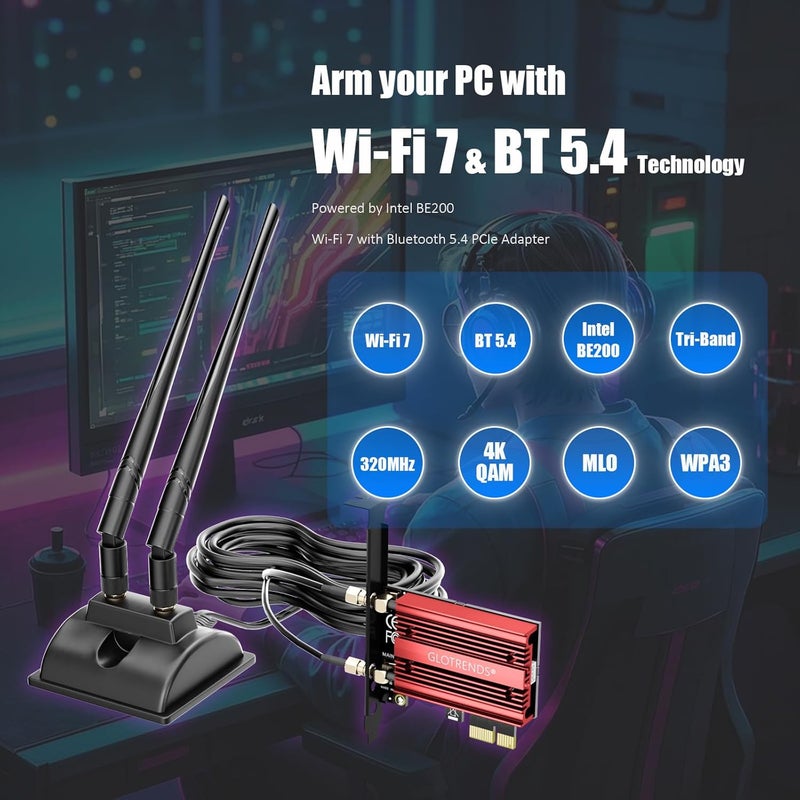 جلوتريندز بطاقة GLOTRENDS WiFi 7 PCIe مع هوائي تمديد بطول 2 متر لأجهزة الكمبيوتر المكتبية، متوافقة مع معالج Intel BE200NGW، وتعمل فقط مع نسخة ويندوز 11 24H2 أو أعلى (لا تدعم اللوحات الأم من شركة AMD). - Image 2