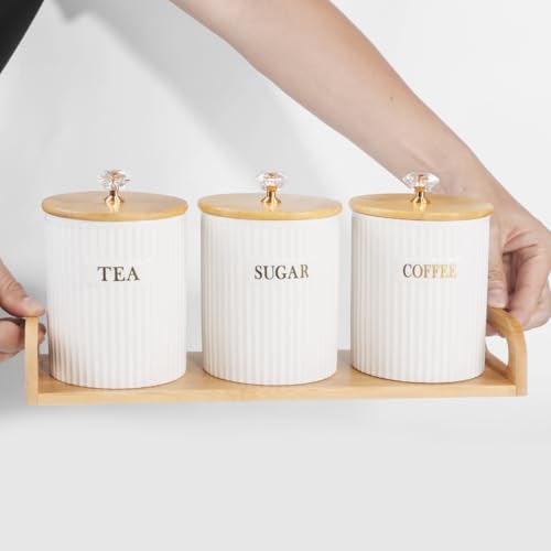 Fvstar Ceramic Storage Canister for Coffee Sugar Tea Set of 3, Kitchen Pantry Container with Bamboo Lids and Tray, White Food Storage Jars for Dining Table, Ceramic Canister Set for Cereal, Snacks - Image 3