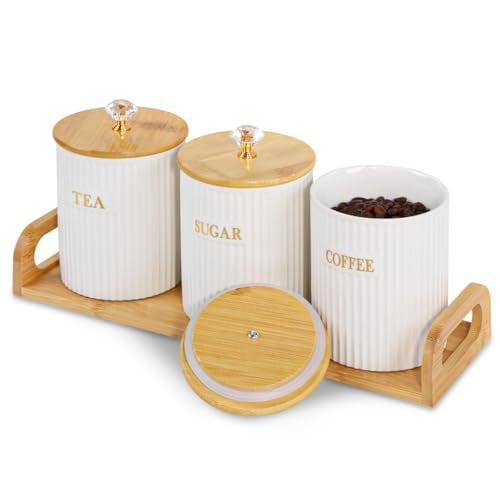 Fvstar Ceramic Storage Canister for Coffee Sugar Tea Set of 3, Kitchen Pantry Container with Bamboo Lids and Tray, White Food Storage Jars for Dining Table, Ceramic Canister Set for Cereal, Snacks - Image 1
