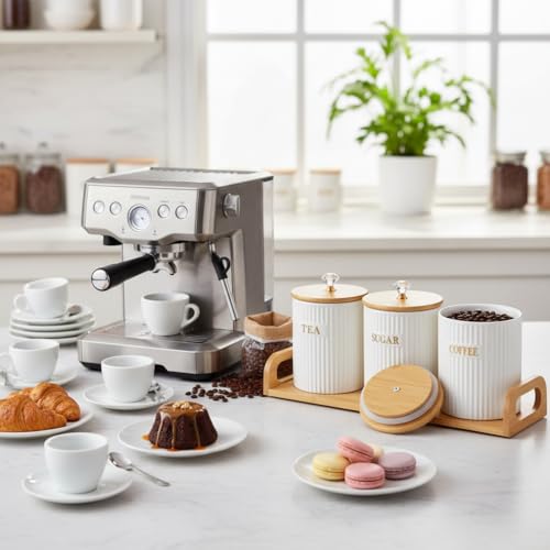 Fvstar Ceramic Storage Canister for Coffee Sugar Tea Set of 3, Kitchen Pantry Container with Bamboo Lids and Tray, White Food Storage Jars for Dining Table, Ceramic Canister Set for Cereal, Snacks - Image 2