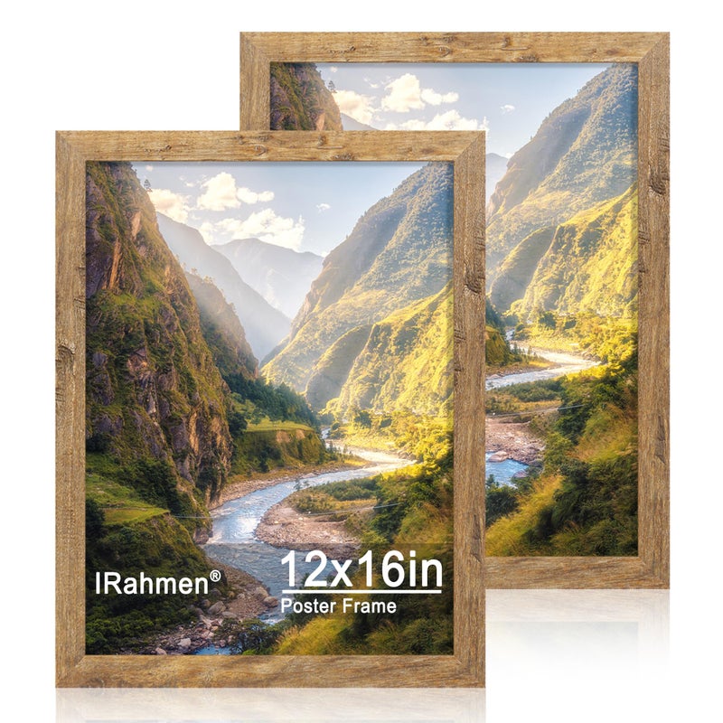 iRahmen 12x16 Picture Frame Set of 2 with Plexiglass Rustic Brown Wood Poster Frames 12 x 16 for Photo Wall Gallery Mounting Horizontal and Vertical
