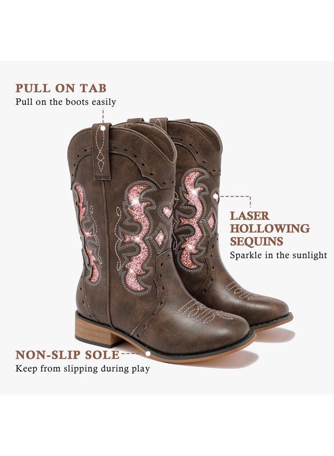 LAURMOSA Kids Cowgirl Boots for Girls Western Square Toe Girls Sparkle Boots Zipper Mid Calf Low Heel Horse Riding for Toddler Little Big Kids, Brown Pink, 2 Big Kid - Image 5