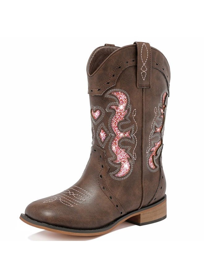 LAURMOSA Kids Cowgirl Boots for Girls Western Square Toe Girls Sparkle Boots Zipper Mid Calf Low Heel Horse Riding for Toddler Little Big Kids, Brown Pink, 2 Big Kid - Image 1