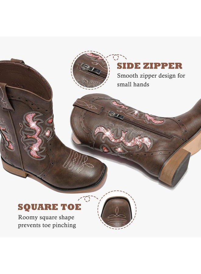 LAURMOSA Kids Cowgirl Boots for Girls Western Square Toe Girls Sparkle Boots Zipper Mid Calf Low Heel Horse Riding for Toddler Little Big Kids, Brown Pink, 2 Big Kid - Image 4