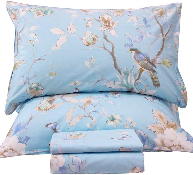 QSH Floral Bed Sheets Set Queen Size  Luxury Bird Butterfly Print Bed Sheet Set  100 Egyptian Cotton Extra Soft and Breathable  4 pcs Deep Pockets Flower Bed Sheets