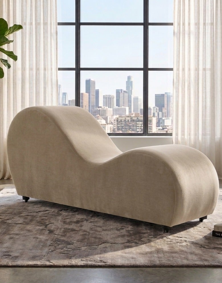House One Small Romantic Chaise Longue Luxury Solid Pattern Of Velvet Fabric - Light Beige -170x70x40cm - Image 1