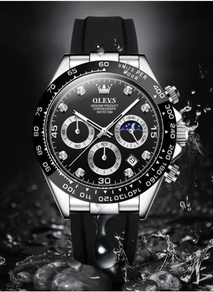 OLEVS ساعات للرجال بسوار سيليكون ساعة كوارتز مقاومة للماء 41 مم 2875 أسود - Image 1