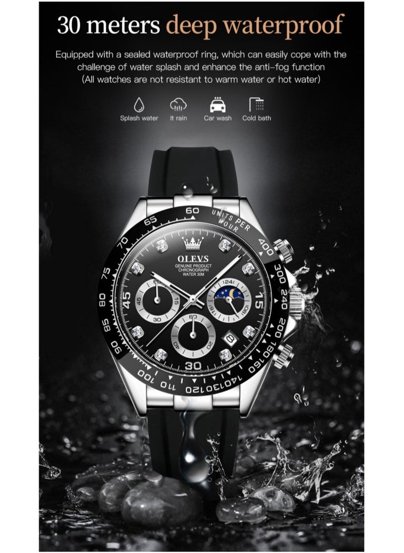 OLEVS ساعات للرجال بسوار سيليكون ساعة كوارتز مقاومة للماء 41 مم 2875 أسود - Image 5