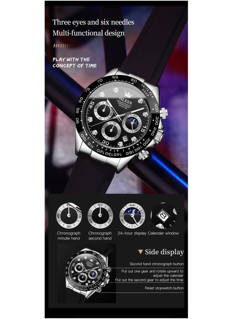 OLEVS ساعات للرجال بسوار سيليكون ساعة كوارتز مقاومة للماء 41 مم 2875 أسود - Image 4