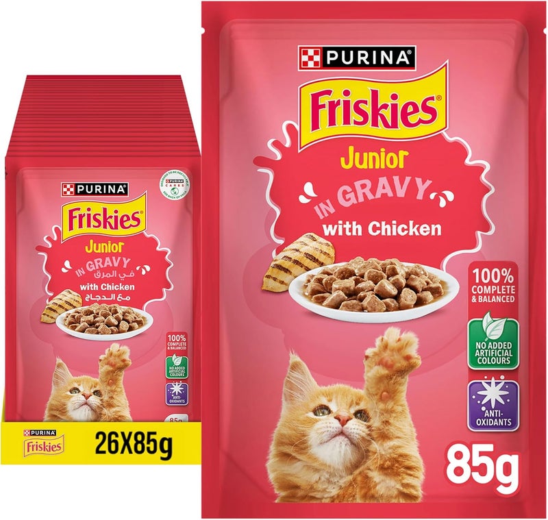 Friskies Kitten Chicken Chunks In Gravy Wet Cat Food Pouch, 26 X 85 G, Yellow - Image 1