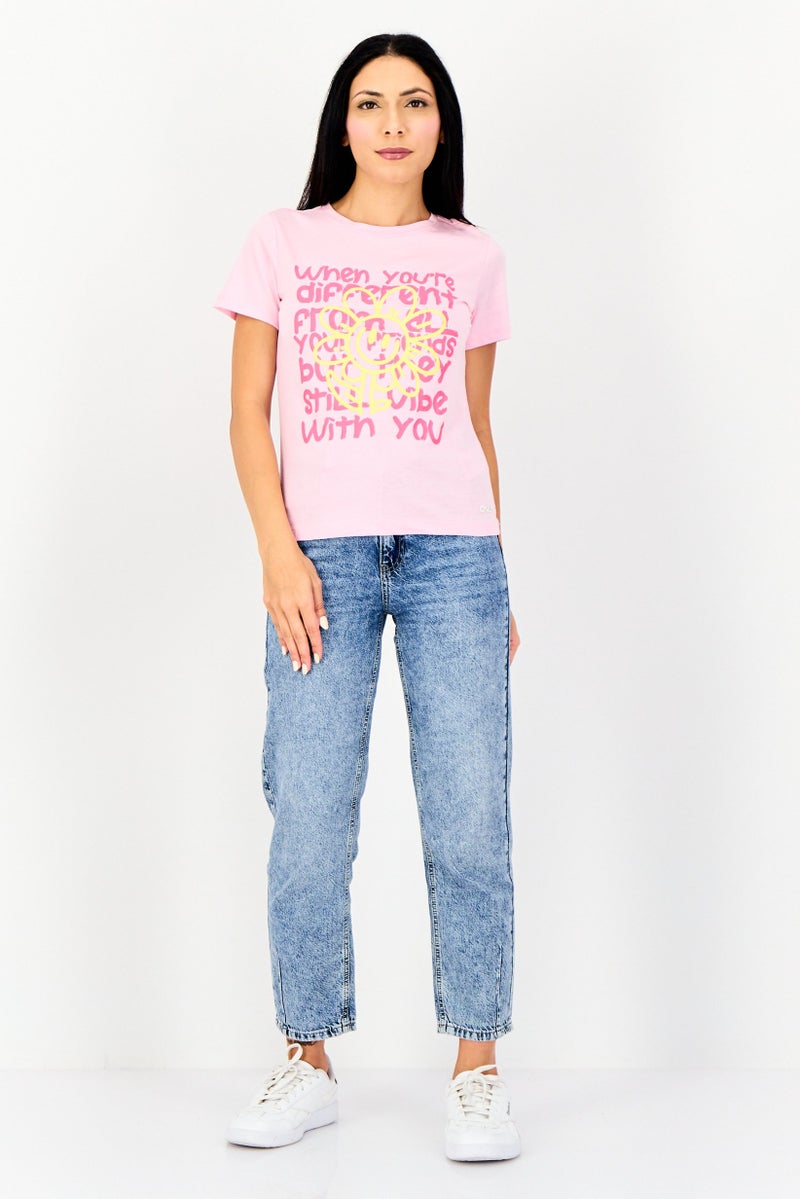 ONLY Women Crew Neck Short Sleeve Graphic Print T-Shirt, Pink - Image 3