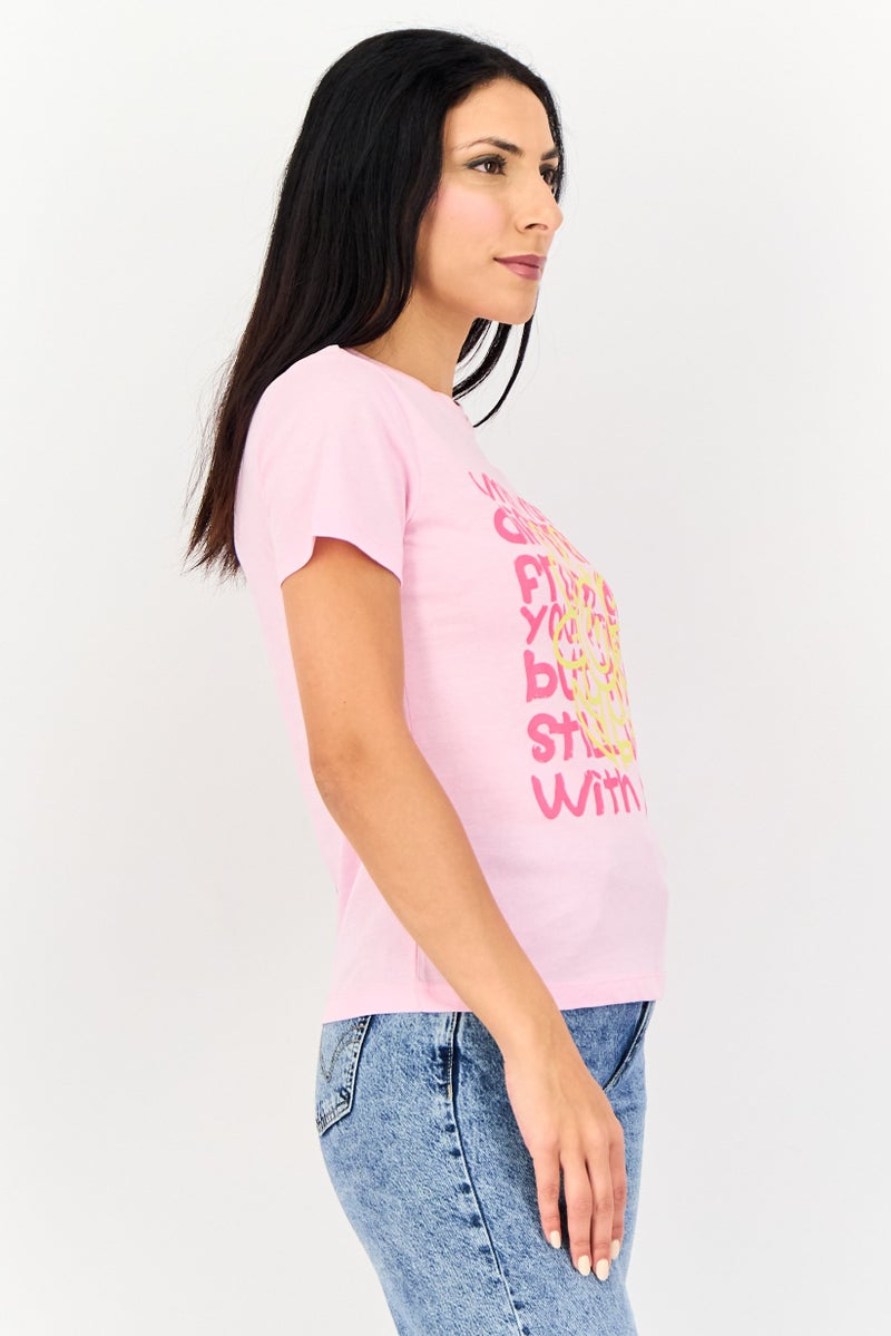 ONLY Women Crew Neck Short Sleeve Graphic Print T-Shirt, Pink - Image 2