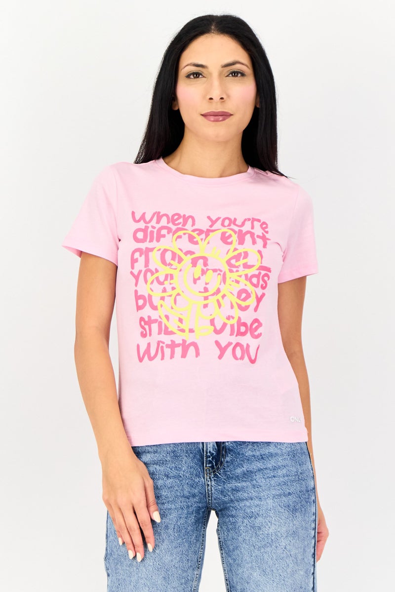 ONLY Women Crew Neck Short Sleeve Graphic Print T-Shirt, Pink - Image 1