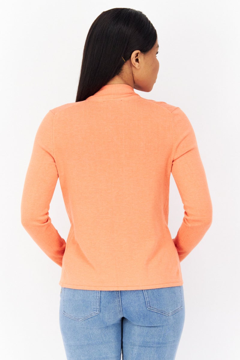 Zero Women Split Neck Plain Cardigan, Orange - Image 3