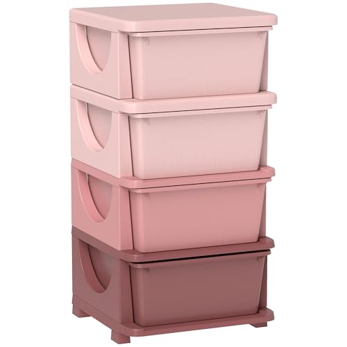 Qaba 4 Tier Kids Storage Unit Toy Organizers and Storage with 4 Drawer Chest for Kids Bedroom Nursery Kindergarten Living Room for Boys Girls Toddlers Pink - Image 1