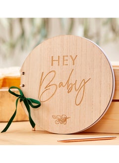 Ginger Ray Ginger Ray Wooden Hey Baby Guest Book - Elegant Baby Shower Guest Book with Blank Pages for Messages Memories and Well Wishes  - Image 2