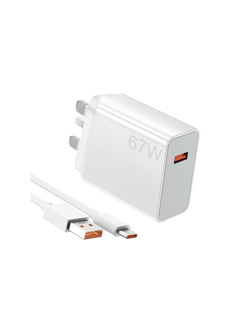 67W Fast Charger for Xiaomi Redmi Note 14 13 Pro+ 12 11 10 9, 6A/1M USB C Cable Type A Wall Charger UK, for Xiaomi 14T 13T/13 Lite 13 Pro 12 Mi 11 for POCO X7 X6 X5 C65 M6 - Image 1