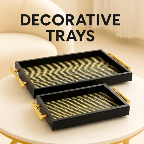Coslifestore Set of 2 Decorative Serving Trays with Gold Handles – Premium Handcrafted Rectangular Trays for Tea, Coffee, Snacks & Home Décor – Available in Black & White (Black) - Image 4
