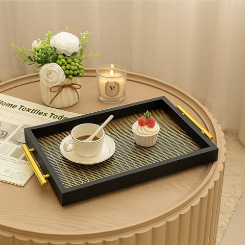 Coslifestore Set of 2 Decorative Serving Trays with Gold Handles – Premium Handcrafted Rectangular Trays for Tea, Coffee, Snacks & Home Décor – Available in Black & White (Black) - Image 2