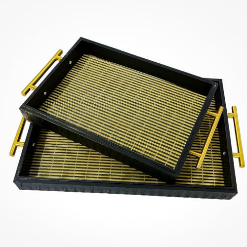 Coslifestore Set of 2 Decorative Serving Trays with Gold Handles – Premium Handcrafted Rectangular Trays for Tea, Coffee, Snacks & Home Décor – Available in Black & White (Black) - Image 1