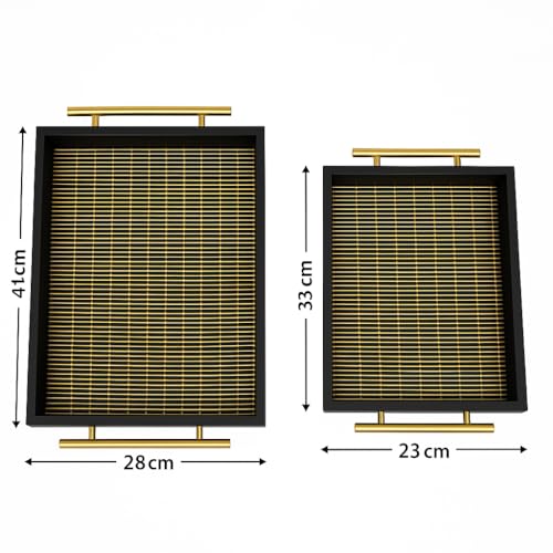 Coslifestore Set of 2 Decorative Serving Trays with Gold Handles – Premium Handcrafted Rectangular Trays for Tea, Coffee, Snacks & Home Décor – Available in Black & White (Black) - Image 3