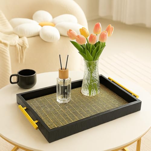 Coslifestore Set of 2 Decorative Serving Trays with Gold Handles – Premium Handcrafted Rectangular Trays for Tea, Coffee, Snacks & Home Décor – Available in Black & White (Black) - Image 5