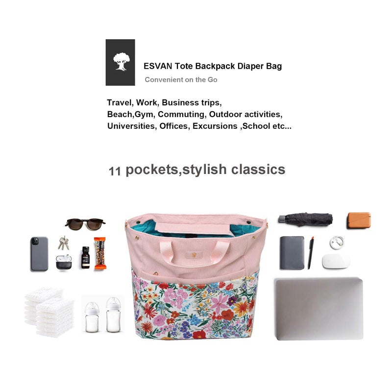 ESVAN Diaper Tote Bag Totepack Backpack Crossbody Bag 3 in 1 for Women Laptop Backpack Multifunctional with Insulated Pockets (Corduroy A Pink Flower) - Image 5