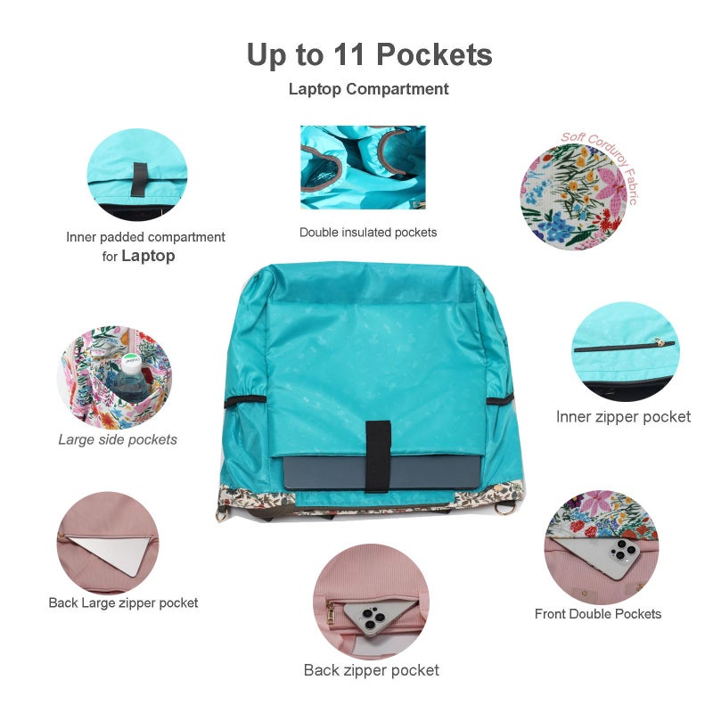 ESVAN Diaper Tote Bag Totepack Backpack Crossbody Bag 3 in 1 for Women Laptop Backpack Multifunctional with Insulated Pockets (Corduroy A Pink Flower) - Image 3