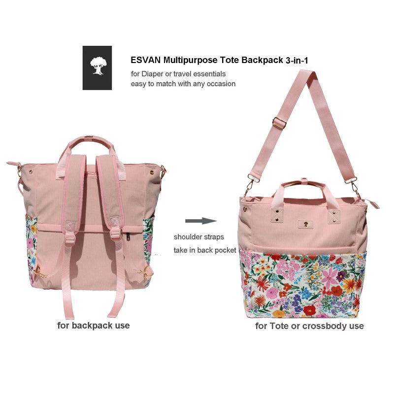 ESVAN Diaper Tote Bag Totepack Backpack Crossbody Bag 3 in 1 for Women Laptop Backpack Multifunctional with Insulated Pockets (Corduroy A Pink Flower) - Image 4