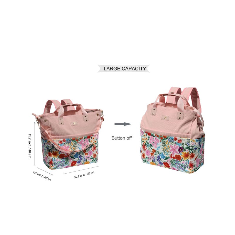 ESVAN Diaper Tote Bag Totepack Backpack Crossbody Bag 3 in 1 for Women Laptop Backpack Multifunctional with Insulated Pockets (Corduroy A Pink Flower) - Image 2