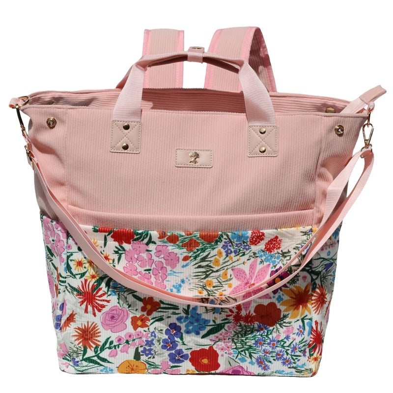 ESVAN Diaper Tote Bag Totepack Backpack Crossbody Bag 3 in 1 for Women Laptop Backpack Multifunctional with Insulated Pockets (Corduroy A Pink Flower) - Image 1