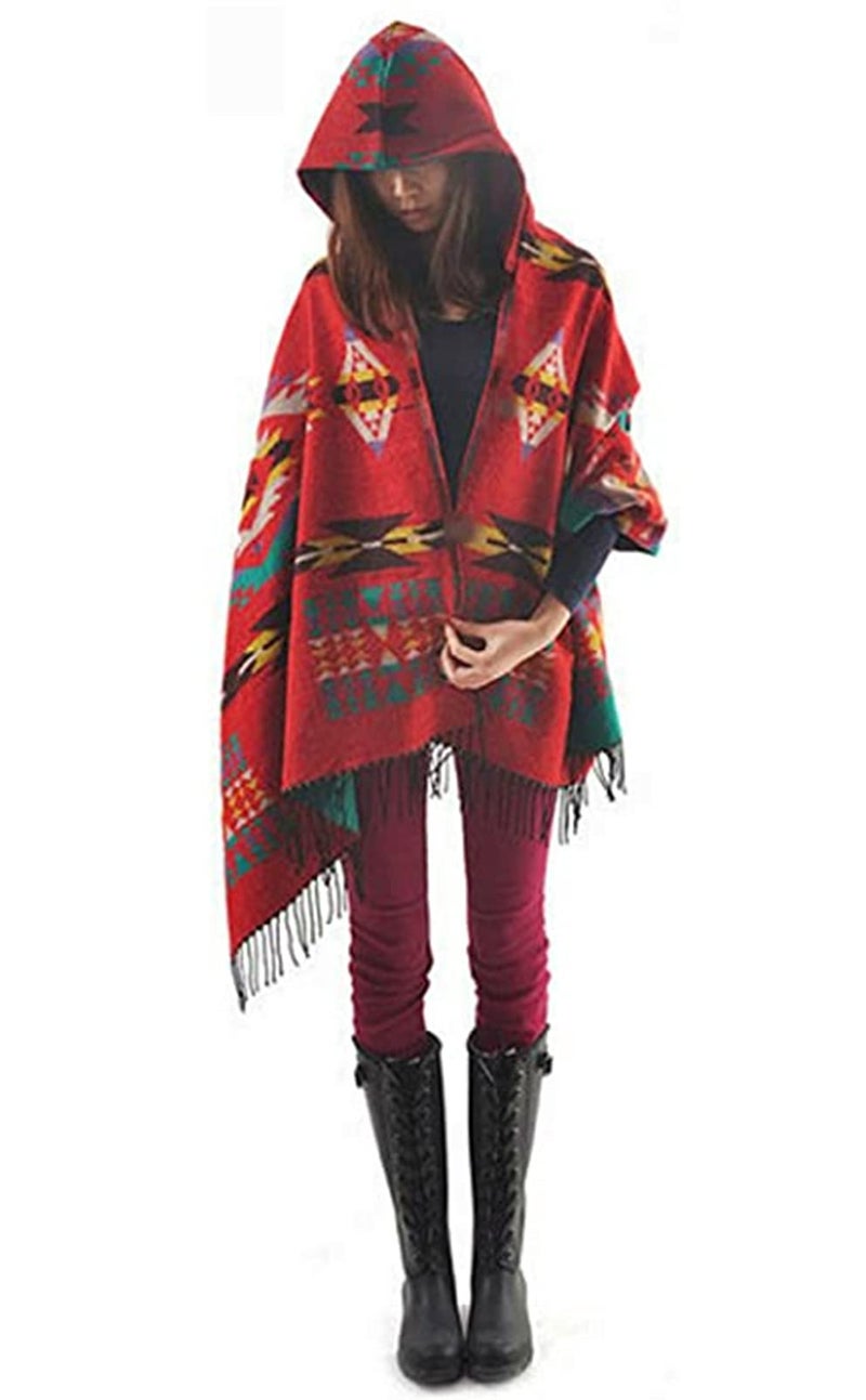 YEESAM Hoodie Poncho Bohemian Blanket, Hooded Shawl Cape Cloak Scarf Tassel - Image 1