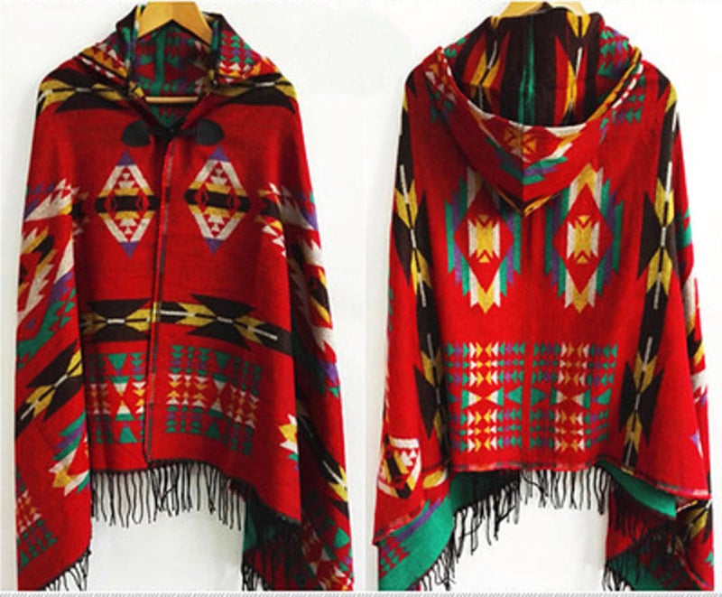 YEESAM Hoodie Poncho Bohemian Blanket, Hooded Shawl Cape Cloak Scarf Tassel - Image 2