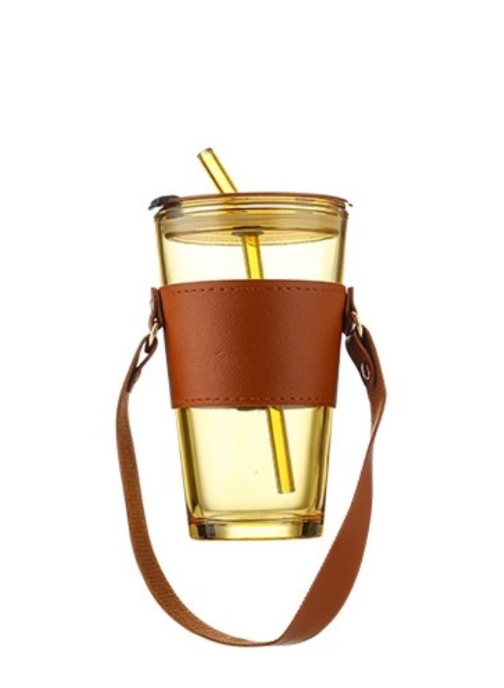 VoiDrop Glass Tumbler 500ml with Glass Straw and Lid Glass Cup with Leather Sleeve Glass Coffee Mugs for Straw and Direct sip Dual Use Summer Travel Essential Bottle - Image 1