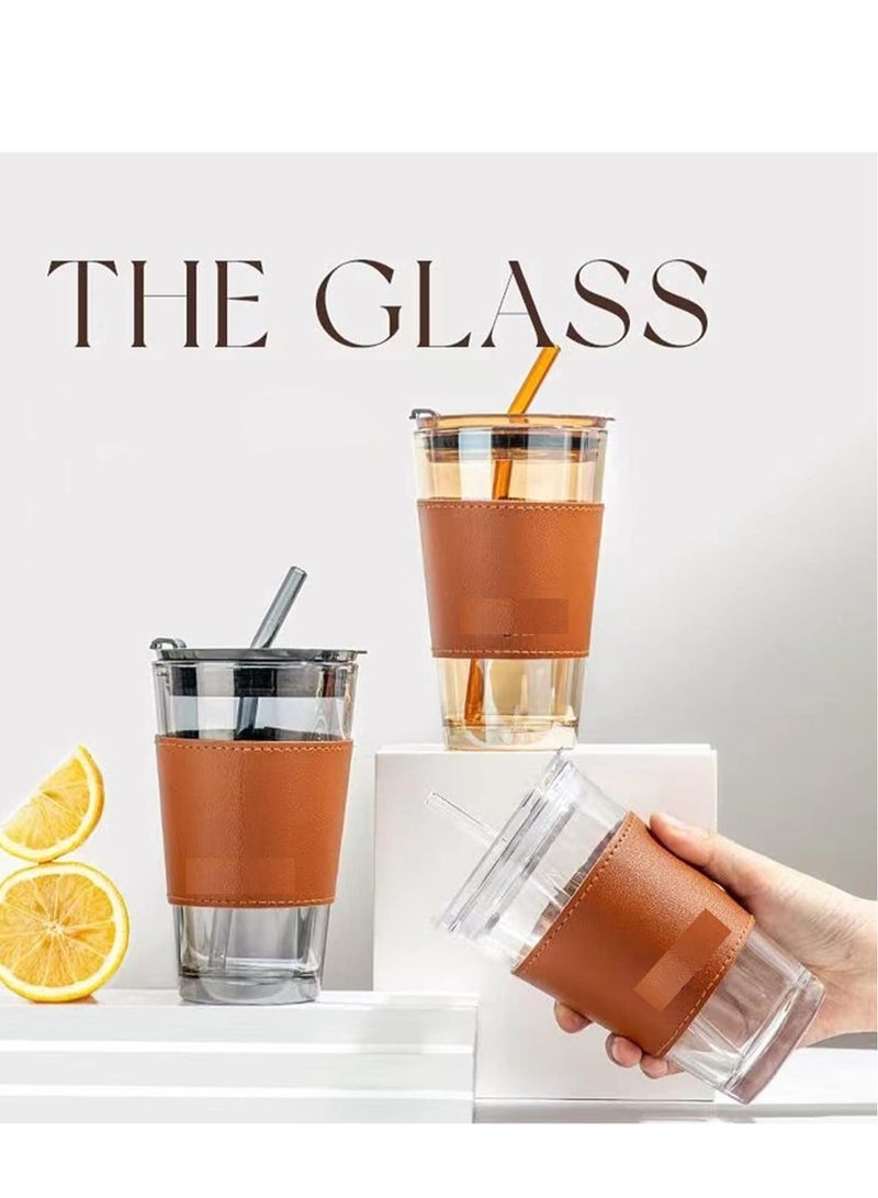 VoiDrop Glass Tumbler 500ml with Glass Straw and Lid Glass Cup with Leather Sleeve Glass Coffee Mugs for Straw and Direct sip Dual Use Summer Travel Essential Bottle - Image 2