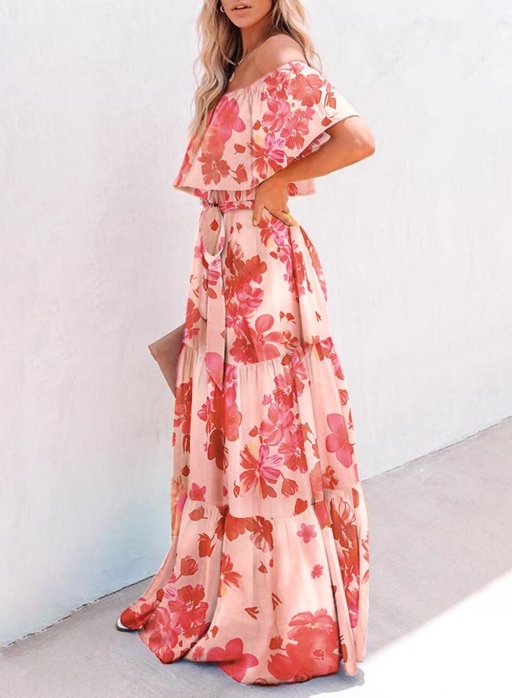 NIBEMINENT Off Shoulder Gradient Color Belt Ruffles Maxi Chiffon Dress V-F - Image 1
