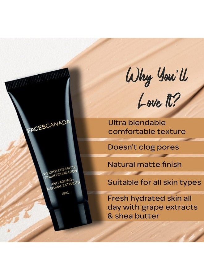 Faces Canada Weightless Matte Finish Foundation Natural 02 18 Ml ; Ultra Blendable Smooth Texture ; Natural Matte Finish ; Antiageing ; Grape Extract Shea Butter Olive Seed Oil Enriched