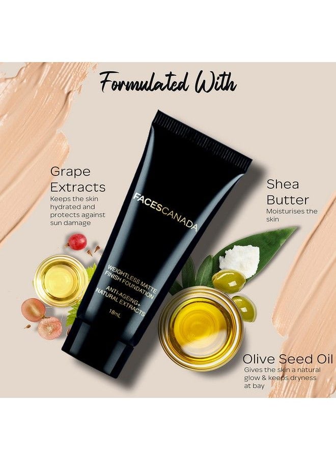 Faces Canada Weightless Matte Finish Foundation Natural 02 18 Ml ; Ultra Blendable Smooth Texture ; Natural Matte Finish ; Antiageing ; Grape Extract Shea Butter Olive Seed Oil Enriched