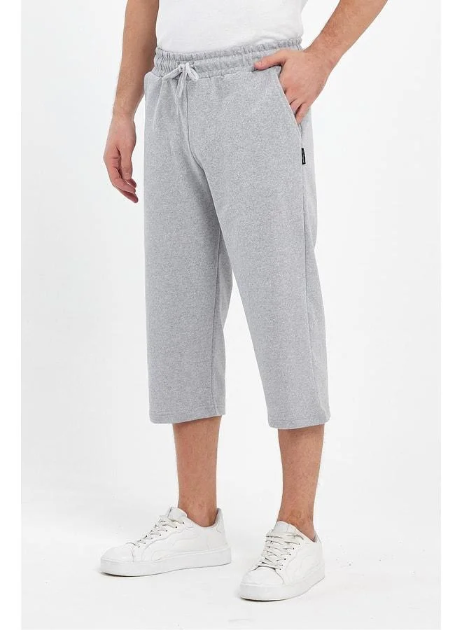 Men's Grey Bermuda Capri Knee-Length Adjustable Elastic Waist Shorts with Side Pockets.