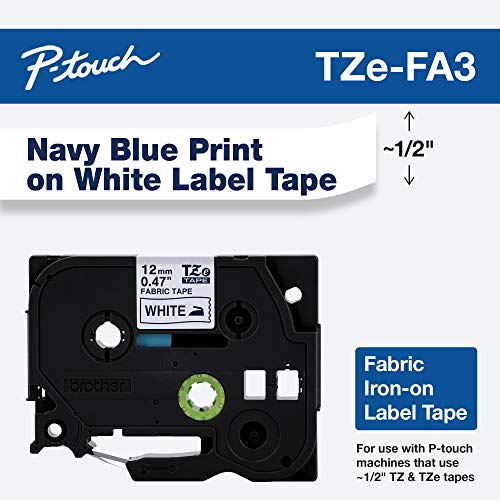 Brother Genuine P-touch TZE-FA3 Tape, 1/2" (0.47") Wide Fabric Iron-On Tape, Navy Blue on White, Can be Ironed onto Virtually Any Cotton Item, 0.47" x 9.8' (12mm x 3M), Single-Pack, TZEFA3 - Image 2
