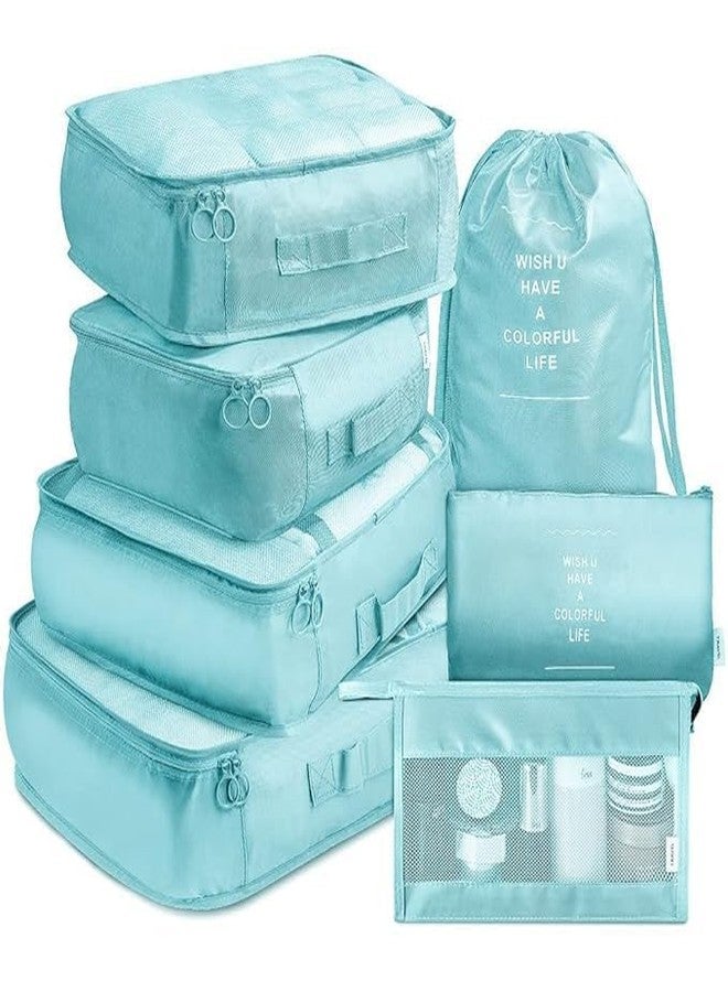 XBEY Nylon Packing Cubes For Travel,Travel Organizer,Travel Essentials,Packing Cubes,Packing Bags For Clothes,7 Pcs,2.8 Cm,19.2 Cm (Light Blue)
