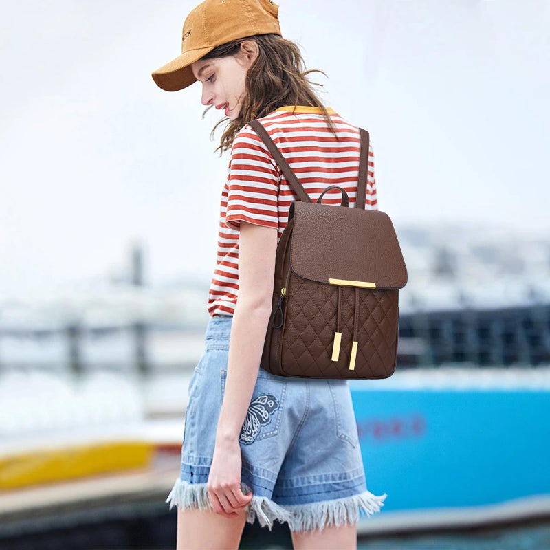 KKXIU Quilted Trendy Leather Backpack Purse for Women and Ladies Shoulder Travel Daypacks Bags (Coffee) - Image 2