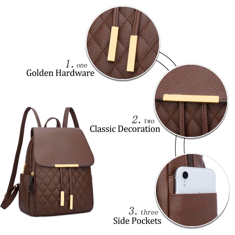 KKXIU Quilted Trendy Leather Backpack Purse for Women and Ladies Shoulder Travel Daypacks Bags (Coffee) - Image 3