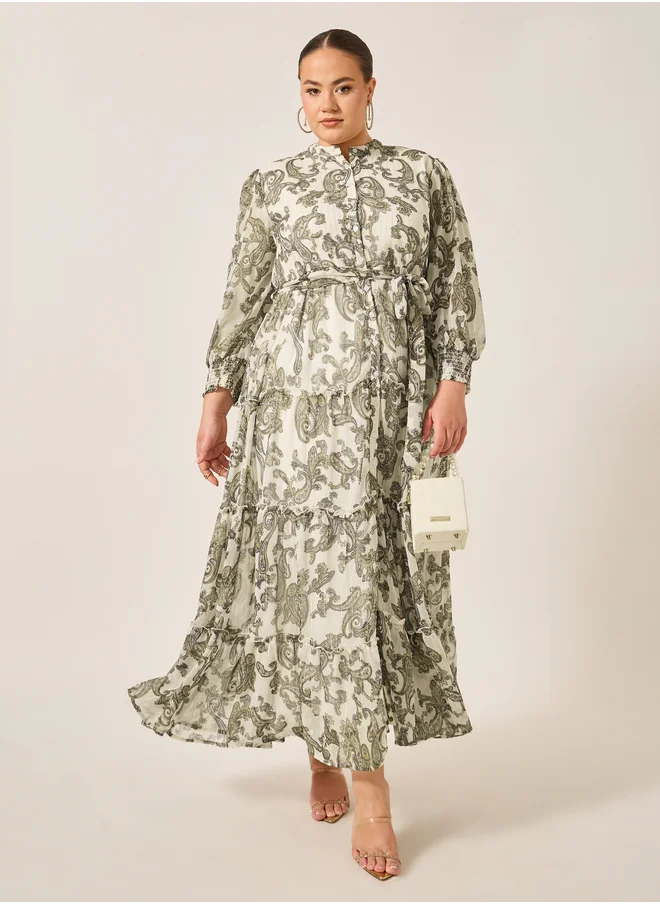 Styli Styli Plus Size Paisley Print Long Sleeves Tiered Maxi Dress