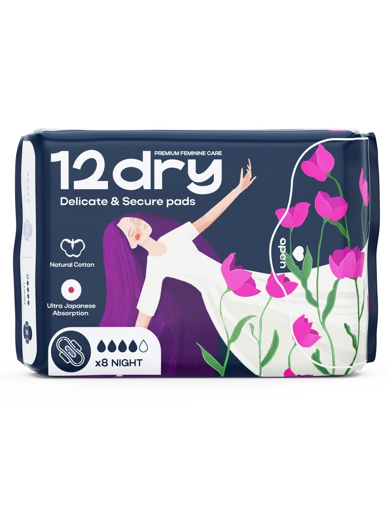 12dry Ultra-Thin Sanitary Pads, 8 Count (300mm, Night Use) – Super Absorbent, Leak-Proof, Odor & Bacteria Protection, Soft & Breathable with AirCool Technology, FDA & FSC Certified - Image 1