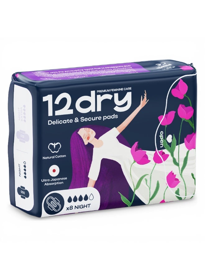 12dry Ultra-Thin Sanitary Pads, 8 Count (300mm, Night Use) – Super Absorbent, Leak-Proof, Odor & Bacteria Protection, Soft & Breathable with AirCool Technology, FDA & FSC Certified - Image 1