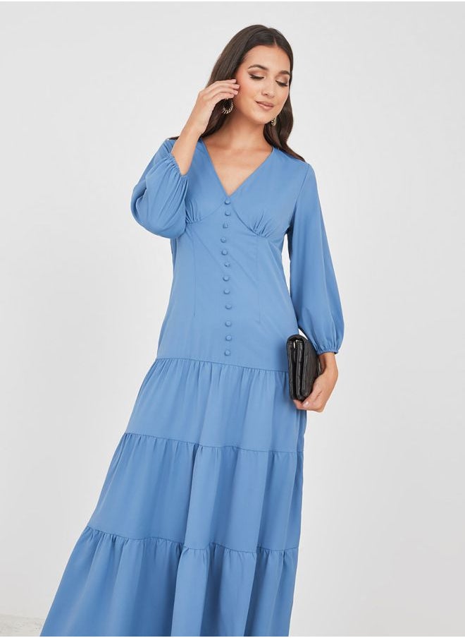 Styli - V Neck Button Detail Tiered Maxi Dress - Image 1